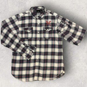 Burnside Men's Size Large Long Sleeve Button‎ Up Flannel Shirt MASF Embroidered